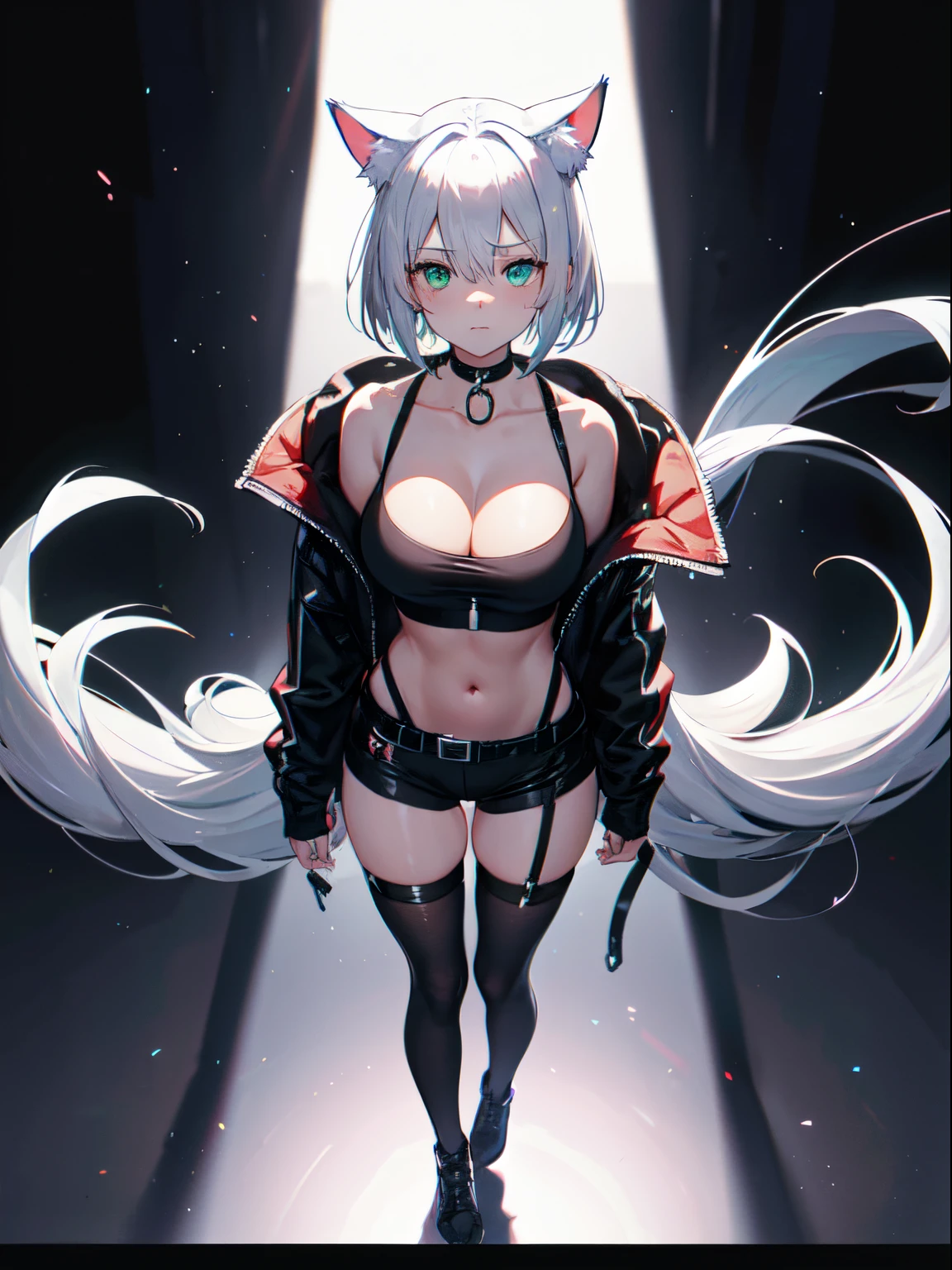 full body view, masterpiece, intrincate, 1girl, :3, cat_ears, bangs, black_background, black_jacket, blush, cat features, choker, cleavage, closed_mouth, collarbone, eyebrows_visible_through_hair, green_eyes, hair_between_eyes, white_hair, silver_hair, short_hair, letterboxed, looking_at_viewer, medium_breasts, sarashi, virtual_youtuber, wears techwear clothes, detailed, 4K, HDR, hight_contrast