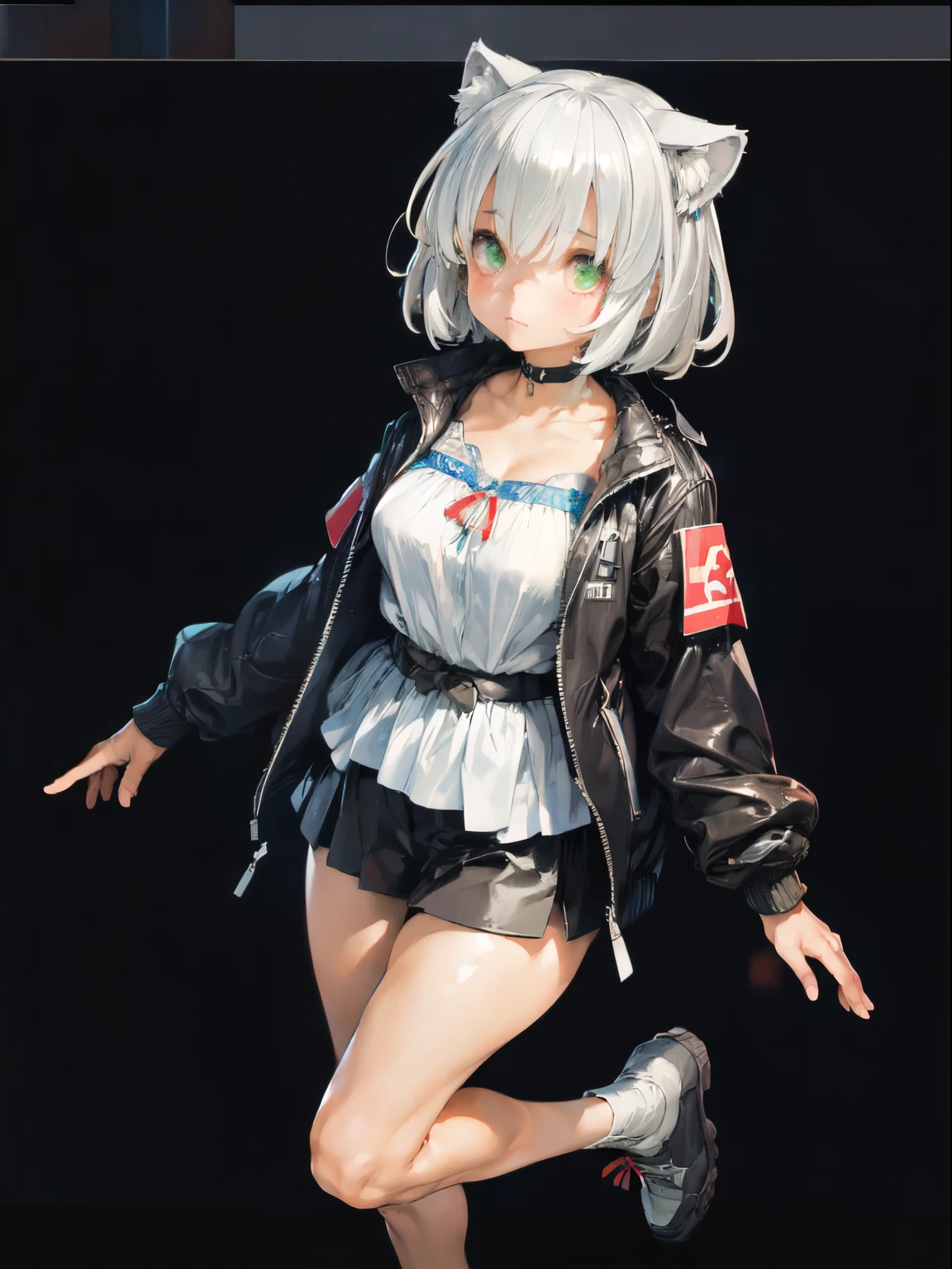 full body view, masterpiece, intrincate, 1girl, :3, cat_ears, bangs, black_background, black_jacket, blush, cat features, choker, cleavage, closed_mouth, collarbone, eyebrows_visible_through_hair, green_eyes, hair_between_eyes, white_hair, silver_hair, short_hair, letterboxed, looking_at_viewer, medium_breasts, sarashi, virtual_youtuber, wears techwear clothes, detailed, 4K, HDR, hight_contrast