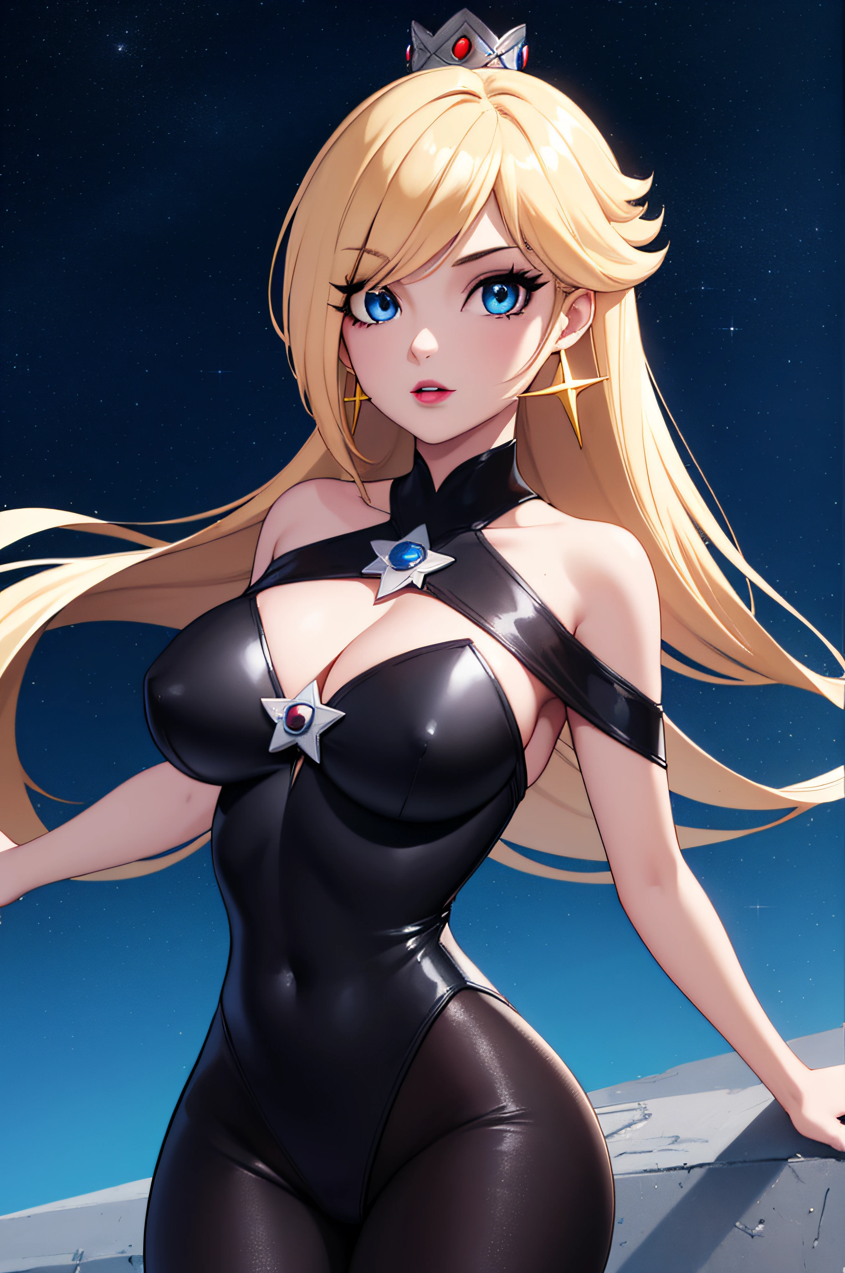 ((high detailed, best quality, 4k, masterpiece, hd:1.3)), Rosalina, blue eyes, BREAK blue eyes, seductive, attractive, sexy smile, smooth anime cg art, 36C breasts, long legs, vivid colors, detailed digital art, slim body, perfect skin, blonde hair, hair over one eye, long hair, BREAK crown, cleavage, 36C cleavage, looking at viewer, BREAK looking at viewer, extremely detailed face, dress, earrings, star earrings, jewelry, gem, dark black makeup lips, dark gothic eyeshadows, dark eyeshadows, black eyeshadows, black sexy lips, black lips, (dark:1.2), dark lips, very dark lips, (perfect hands, perfect anatomy), black makeup, black medium lips, black thick lips, detailed fingers, five fingers per hand, 5 fingers, (1 girl), ldetailed lips, detailed black lips, black painted lips, gothic painted lips, BREAK night, night sky, sky, star \(sky\), star \(symbol\), space, sun, (breast focus), (arms behind back:1.2), (from above:1.1), (breasts out:1.3), (off shoulder:1.1),