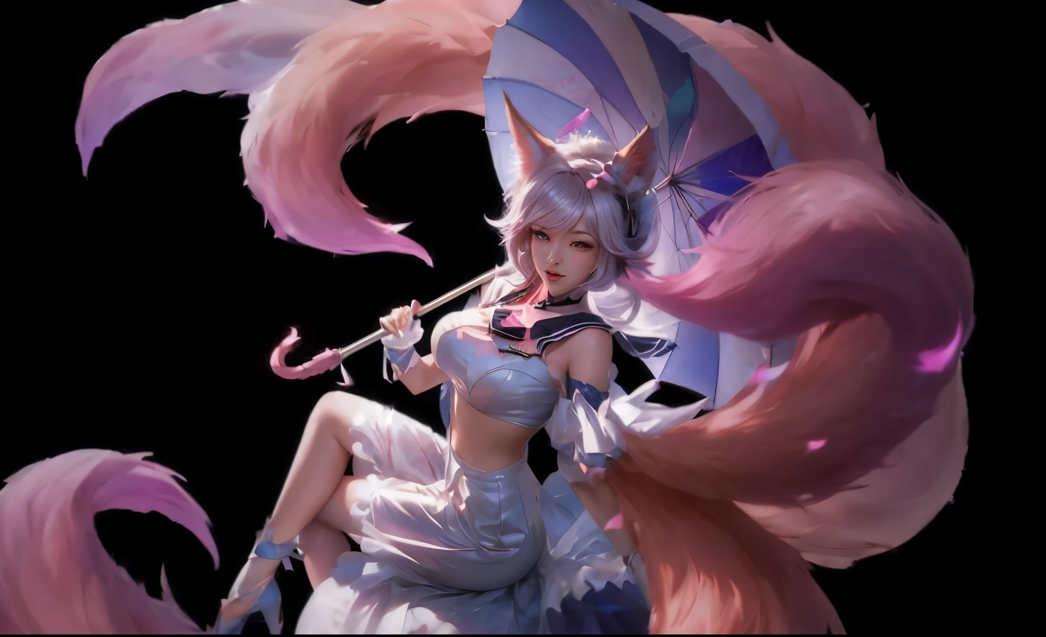 anime girl with a pink umbrella and a white dress, ahri, seraphine ahri kda, fox nobushi, portrait of ahri, a beautiful fox lady, art of silverfox, extremely detailed artgerm, ahri from league of legends, 8k high quality detailed art, by Yang J, white - haired fox