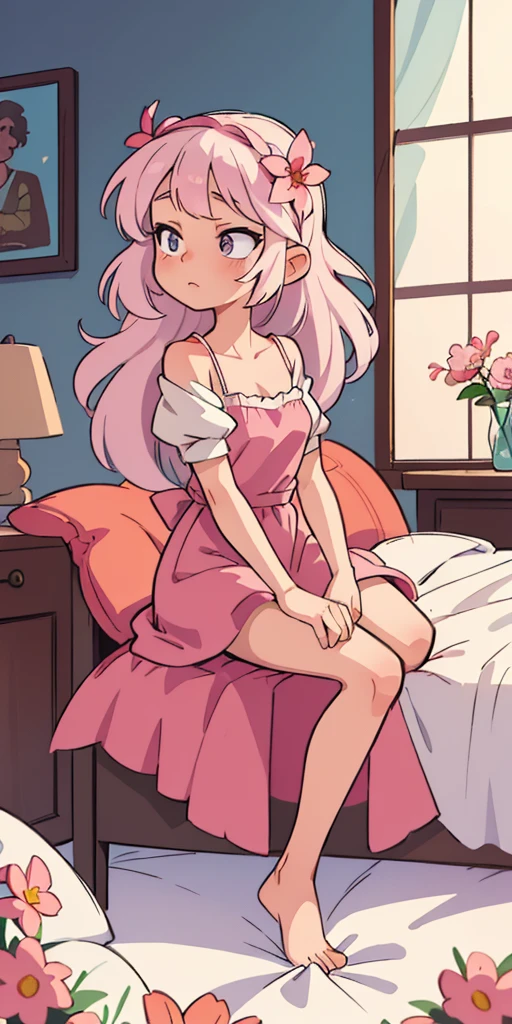 ((best quality, masterpiece)), 
1girl, princess pink dress, flowers, white messy hair, indoor, bed background,fantasy, medieval inn, bedroom background