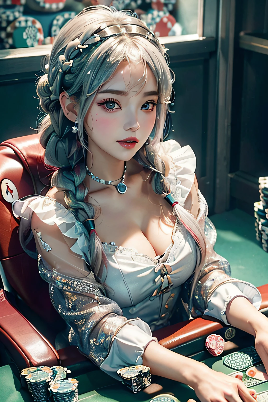 (Grimm fairy tale world),(schneewichen,Princess Snow White:1.3),(Sit comfortably in a chair:1.3),(beautiful idol girl playing poker:1.7),(playing card details,),Snow-white skin, cheeks and lips red like blood,Eyes as black as the wood of an ebony window frame.(Make the subject look three-dimensional with the contrast of light and shadow),Cute and beautiful girl,Cute round face,Cute smile,with blush cheeks,Red Lip,(silver white hair,Floral braided headband,half up、Floral Braided Space Van,Voluminous Fishtail Braids,Twisted chignon,),(Bangs are see-through bangs),hair pin,hair adornments,detailed clothes features,Detailed hair features,detailed facial features,(Dynamic angles),(Dynamic and sexy poses),profetional lighting,Cinematic Light,(masutepiece,top-quality,Ultra-high resolution output image, depth of fields,) ,(The 8k quality,depth of fields,Anatomically accurate facial structure,),(Sea Art 2 Mode:1.3),(Image Mode Ultra HD,)