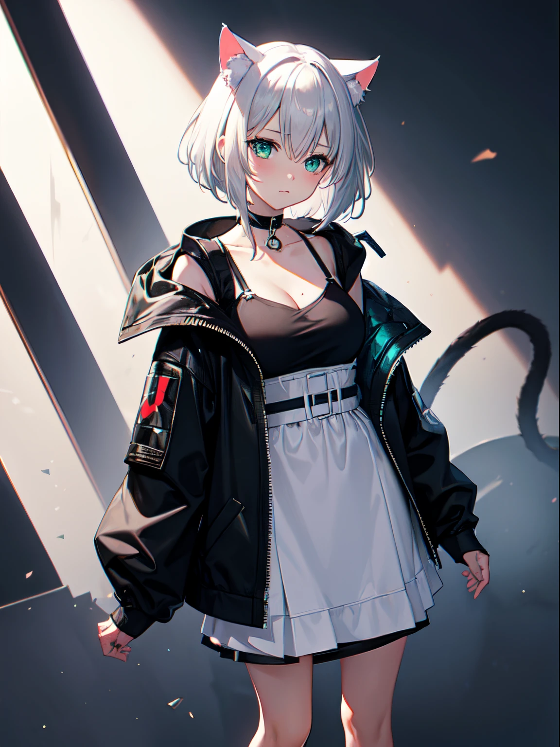 full body view, masterpiece, intrincate, 1girl, :3, cat_ears, bangs, black_background, black_jacket, blush, cat features, choker, cleavage, closed_mouth, collarbone, eyebrows_visible_through_hair, green_eyes, hair_between_eyes, white_hair, silver_hair, short_hair, letterboxed, looking_at_viewer, medium_breasts, sarashi, virtual_youtuber, wears techwear clothes, detailed, 4K, HDR, hight_contrast