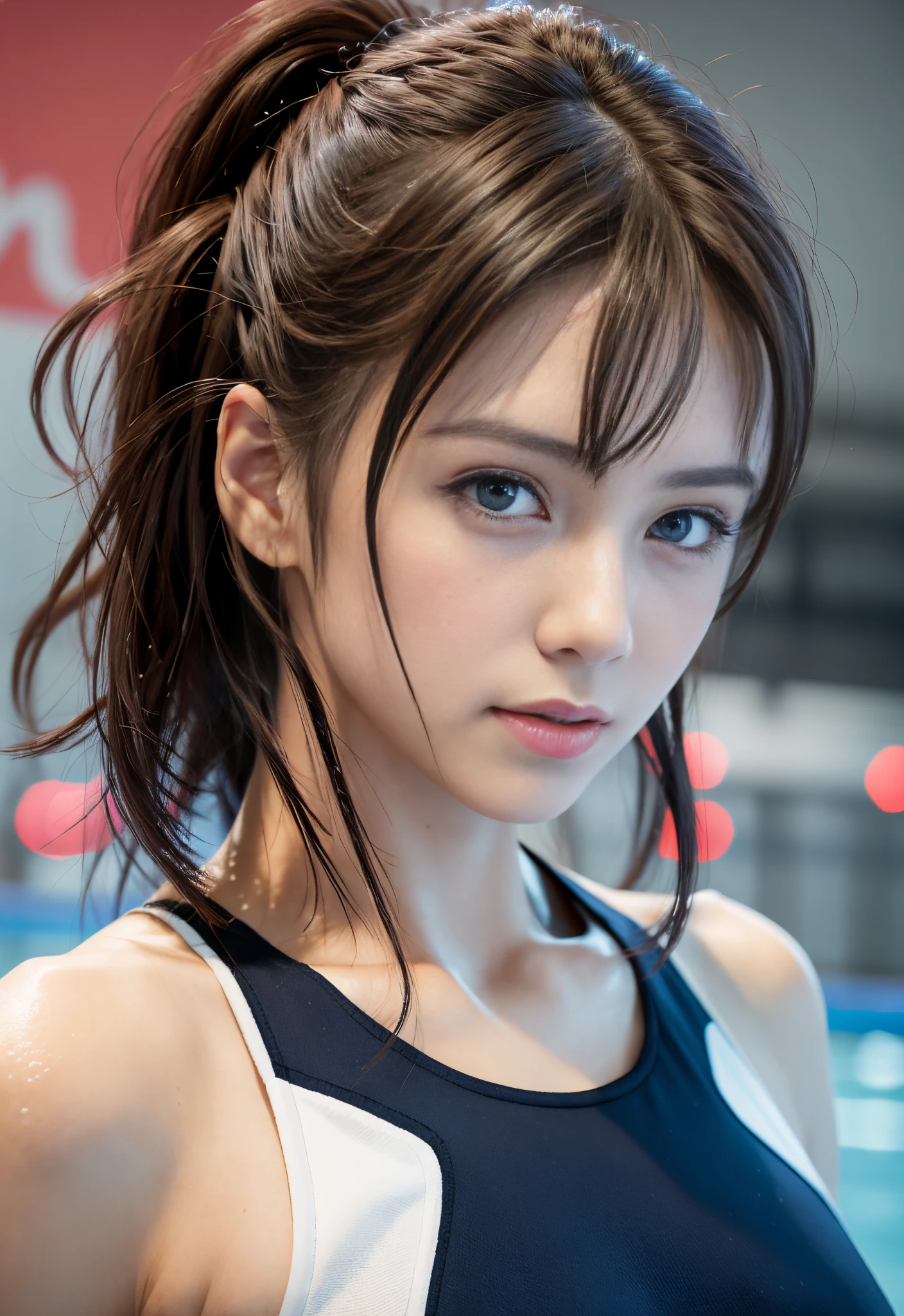 8K, of the highest quality, masutepiece:1.2), (Realistic, Photorealsitic:1.3), of the highest quality, masutepiece, Beautiful young woman, Pensive expression, Thoughtful look, Competitive swimmers、swim wears、Hair tied back, Cinematic background, Light skin tone、wetted skin