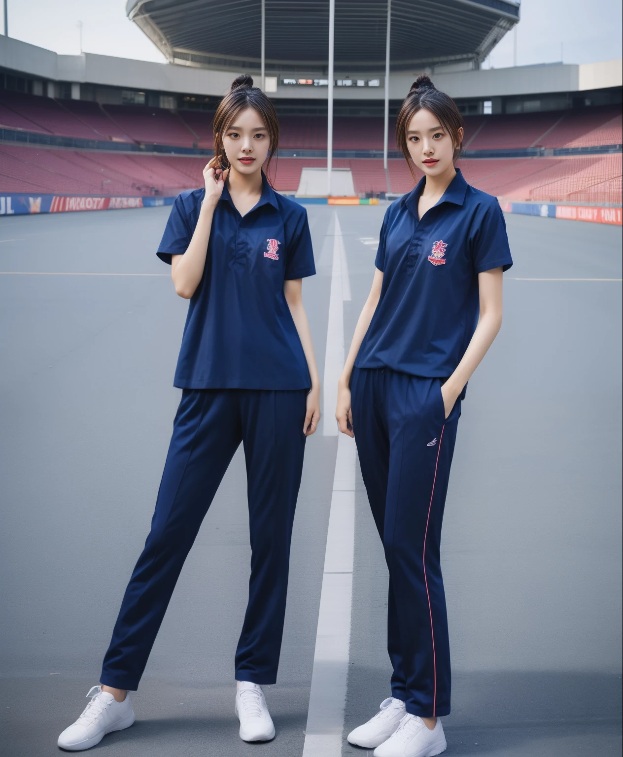 (bestquality,10,10,highres,masterpiece:1.2),ultra-detail,(Realistic,photorealistic portrait,photo-realistic:1.37),1 Cute girl in the football field,oily shiny skin,bara,light smile,BDclothelue shirt:1.3)),short sleeves,shirt, trousers.,(navy_long_Pants Track:1.1), ((Stadium Background:1.3)),dynamic angle,excited,face focus,Dynamic Poses,from behide,Ass Focus,masterpiece, bestquality, ultra realistic, hyper-detail, 8k resolution, RAW photo, crisp focus, ((Navy blue shirt:1.1)), short sleeves, Long Path, Perfect body, 2 mature women, 18yo, cinematic light,Blue sweatpants,Gymware,Correct anatomy,Complete body, Correct body, sharp face, Anatomically correct body, full entire body, Realistic gestures, long-haired, Realistic poses,Wear long shorts.......................................,Long leg span,Shapely,Sculpting Girl, Slender Figure, mannequin mannequins, Shapely, Beautiful body,Blue sweatpants, Two girls kissing