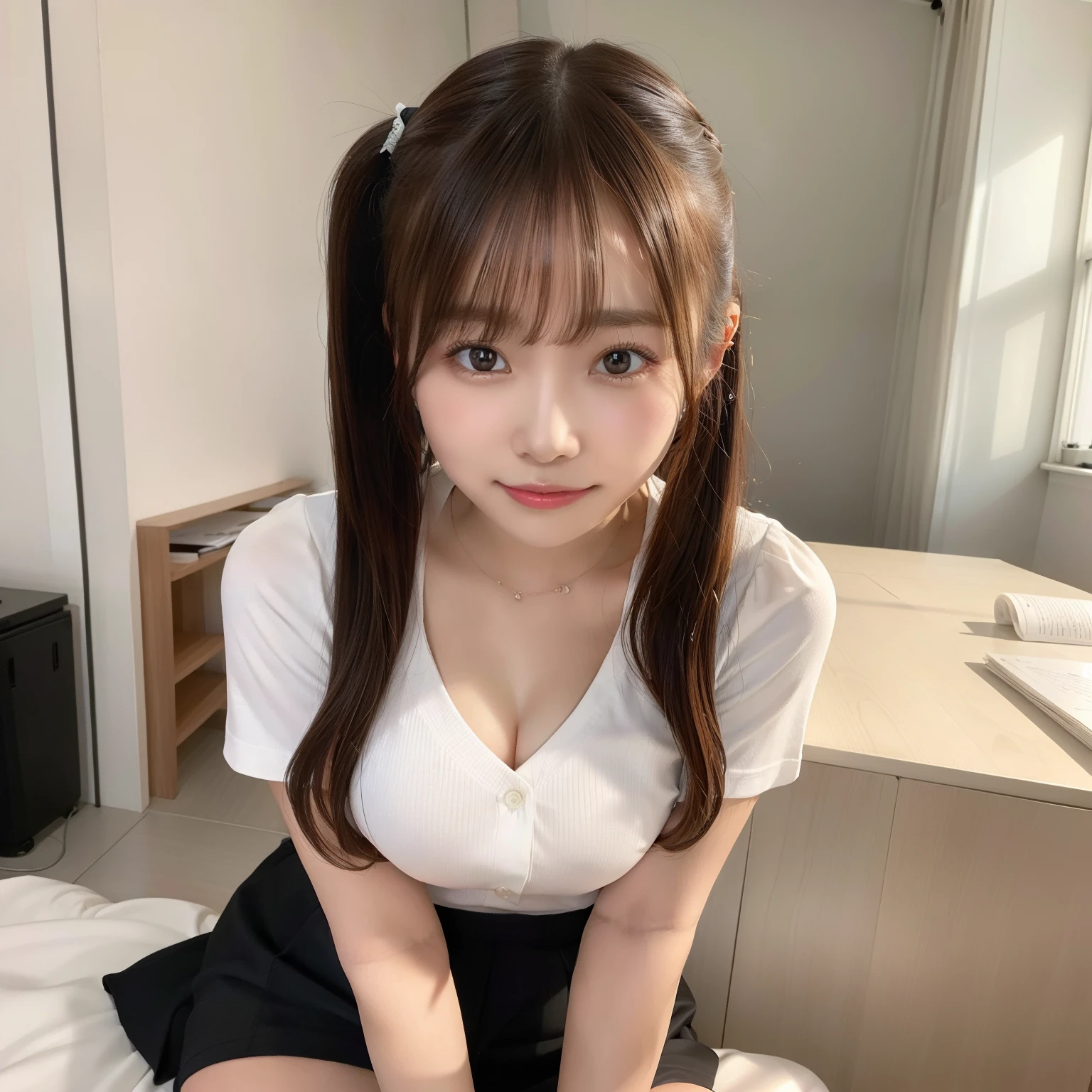 (Best Quality),(4K),(in 8K),(hight resolution),(masutepiece:1.2),(top-quality),(Top image quality),cute little,Female college student,home tutor,20yr old,home,white shirt,poneyTail,Emphasized chest,Black miniskirt,leaning forward at the desk、(look into your face)、Large room、2 people alone、The chest is open、(Pen in one hand)、(In front of the bed),Kamimei