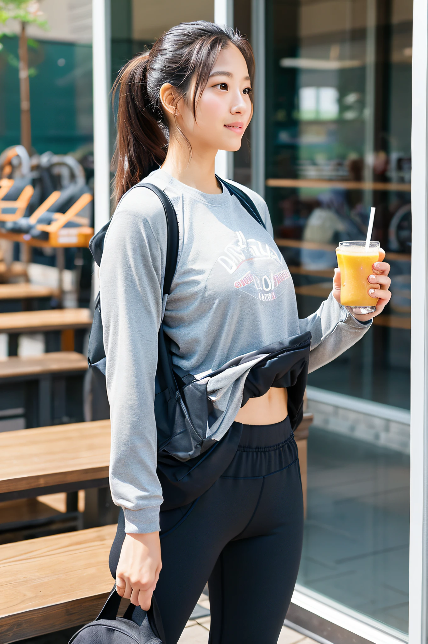 gym background,Some sports equipment or props may also appear in the background,Such as yoga mat、dumbbell。A 28-year-old woman wearing a classic Lululemon sweat top with the lululemon logo.、track pants、athletic sneakers。Holding a glass of healthy drink,as juice or water,Demonstrates her focus on healthy eating。Carry a stylish bag or backpack,Complete sports equipment and daily necessities,Show off her practicality and sense of style。