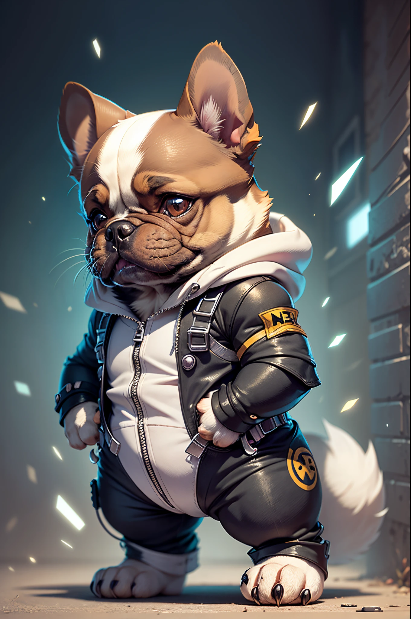 C4tt4stic,Cartoon french bulldog dog wearing an iron bodysuit（The specifics of the appearance of the French Bulldog、Body hair is black