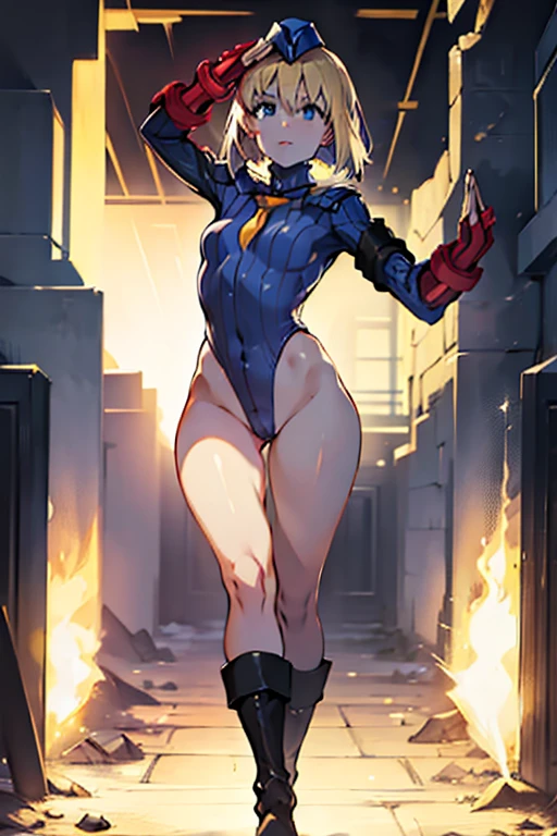 Masterpiece, Best Quality, Highly detailed, illustration, absurdres, street fighter, doll suit, shadaloo doll, dollsuit, girls, multiple girls, expressionless, blank eyes, looking at viewer, red gloves, emotionless, black latex, corrution, mind control, female combatant, full body, hypnotized, unhappy trance, full body suit, ribbed bodysuit, both arms at side, stand up straight, obey, perfect female body, extremely glossy latex, hypnosis, hypnoLora, empty eyes, Mind control device, oses, submissive_pose, Slave, hat, necktie, stand up straight, standing, standing at attention, Slave, hat, necktie, belt, extending the right arm from the shoulder into the air with a straightened hand, nazi saluting, military, military saluting, salute, Sajou manaka, Fate/Prototype, Blonde hair, blue eyes, Short hair