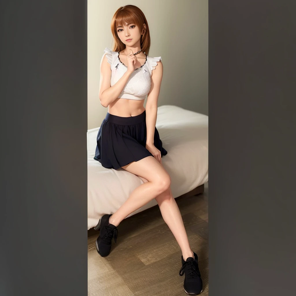 An ultra-high picture quality、Perfect Photo、Japan beautiful girl、18year old、female high-school student、Slender body、Black hair Long hair、With bangs、Cute room、Own room、(((Raised mini skirt)))、frilled miniskirt、(Surprised expression)、(hate)、(hatred)、Sit on the bed、Adored expression、(It hurts a lot)、ankle、sole、white sock、drawing knee up、(((White panties are slightly visible)))、Frontal gaze、Do-up、(((The crotch is slightly visible))、close-up shooting、Pink blouse、Shoulder out、