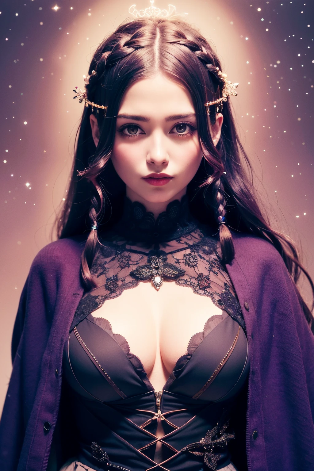 ((best quality)), ((masterpiece)), (detailed), perfect face, Design an illustration of a captivating gothic woman with dark purple hair braided into intricate patterns, her eyes reflecting a sense of ancient wisdom. Her dark robe, flowing gracefully around her, hints at her connection to the supernatural. Use a mystical, starlit backdrop to emphasize her ethereal charm