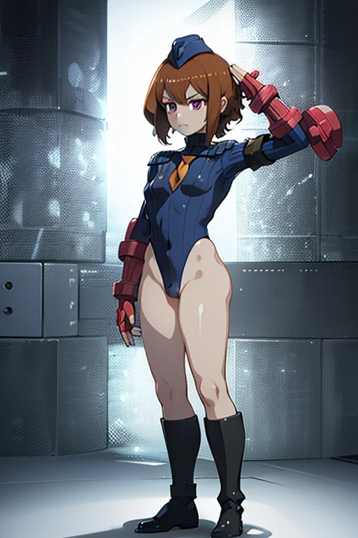 Masterpiece, Best Quality, Highly detailed, illustration, absurdres, street fighter, doll suit, shadaloo doll, dollsuit, girls, multiple girls, expressionless, blank eyes, looking at viewer, red gloves, emotionless, black latex, corrution, mind control, female combatant, full body, hypnotized, unhappy trance, full body suit, ribbed bodysuit, both arms at side, stand up straight, obey, perfect female body, extremely glossy latex, hypnosis, hypnoLora, empty eyes, Mind control device, oses, submissive_pose, Slave, hat, necktie, stand up straight, standing, standing at attention, Slave, hat, necktie, belt, extending the right arm from the shoulder into the air with a straightened hand, nazi saluting, military, military saluting, salute, MimiAtachi, brown hair, wavy hair, short hair, pink eyes, Yu-Gi-Oh! SEVENS