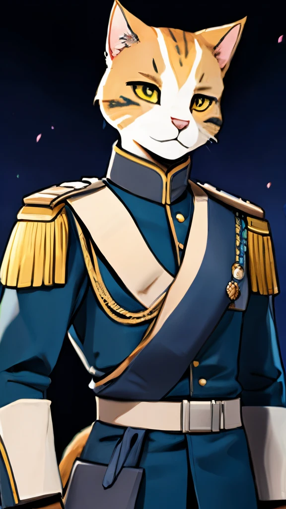 a cat standing，Commander rank，Wearing commander&#39;s clothes，The expression is serious，Right body whole body，clean backdrop。