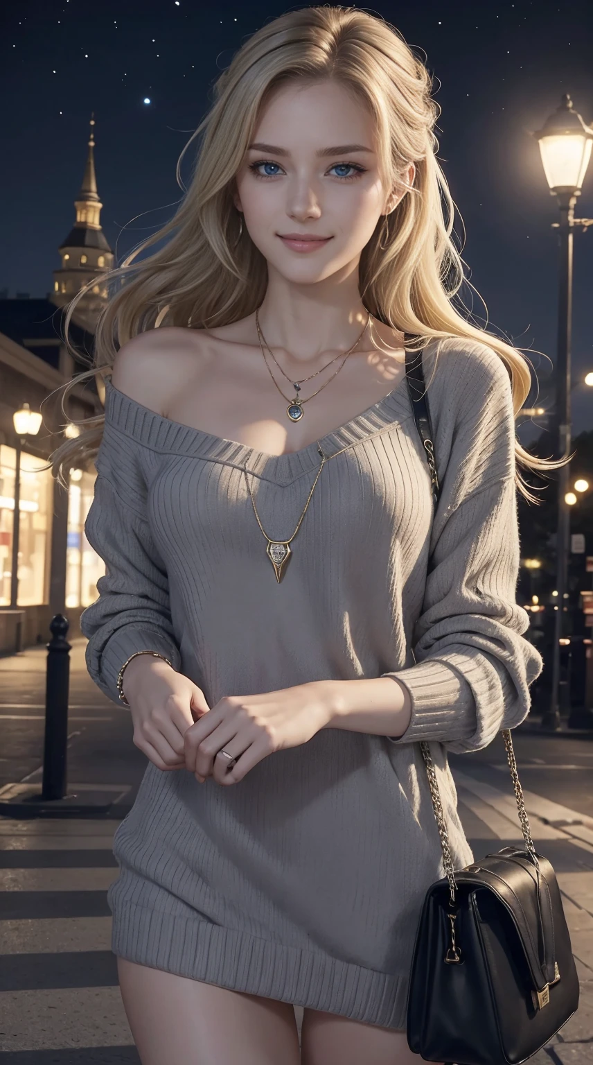 25-year-old Caucasian woman、ash blonde、blue eyess、Semi-long、setting hair、Hair is up、My hair is wavy、Slender but thin macho、accessories on the wrist、wearing a chain necklace、Beautiful breasts、a smile、Wearing a sweater dress、Holding a handbag in his hand、Landscape from a hill where you can see street lights at night、I need space above my head、The meteor is beautiful、a smile