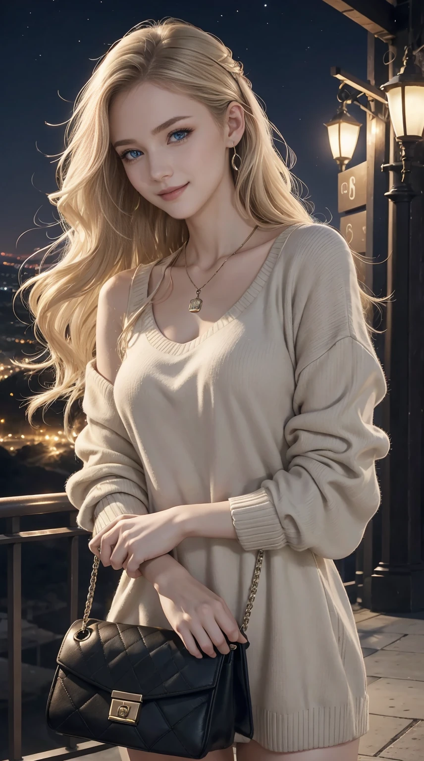 25-year-old Caucasian woman、ash blonde、blue eyess、Semi-long、setting hair、Hair is up、My hair is wavy、Slender but thin macho、accessories on the wrist、wearing a chain necklace、Beautiful breasts、a smile、Wearing a sweater dress、Holding a handbag in his hand、Landscape from a hill where you can see street lights at night、I need space above my head、The meteor is beautiful、a smile