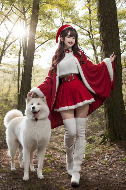 The long、red christmas outfit、比基尼、Miniskirt，Height 172cm, Long leg-cup，boots、With text samoyed dog in the woods