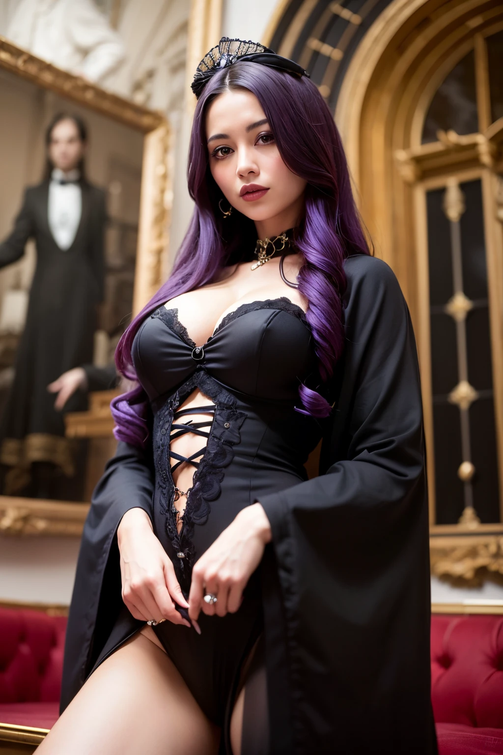 ((best quality)), ((masterpiece)), (detailed), perfect face, Imagine a bewitching gothic woman with dark purple hair styled in a dramatic, flowing style, her lips painted a bold shade of dark burgundy. Her dark robe, adorned with intricate embroidery and precious stones, exudes an air of luxury and power. Use a grand, gothic castle as the backdrop to enhance her regal presence