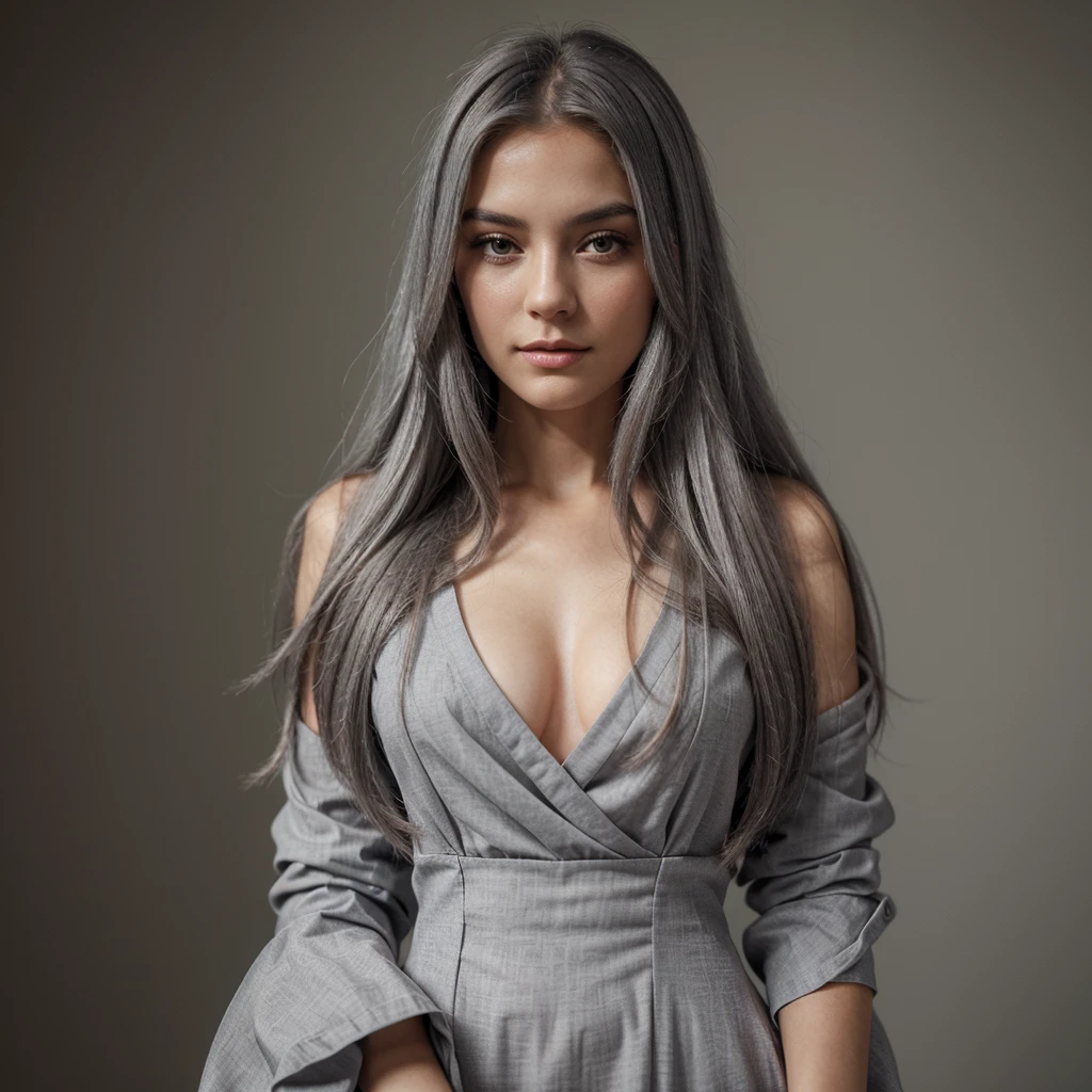 woman with long gray hair , , so photo of a beautiful woman, high quality portrait, beautiful girl model, single person only, superb pose, moder style dress