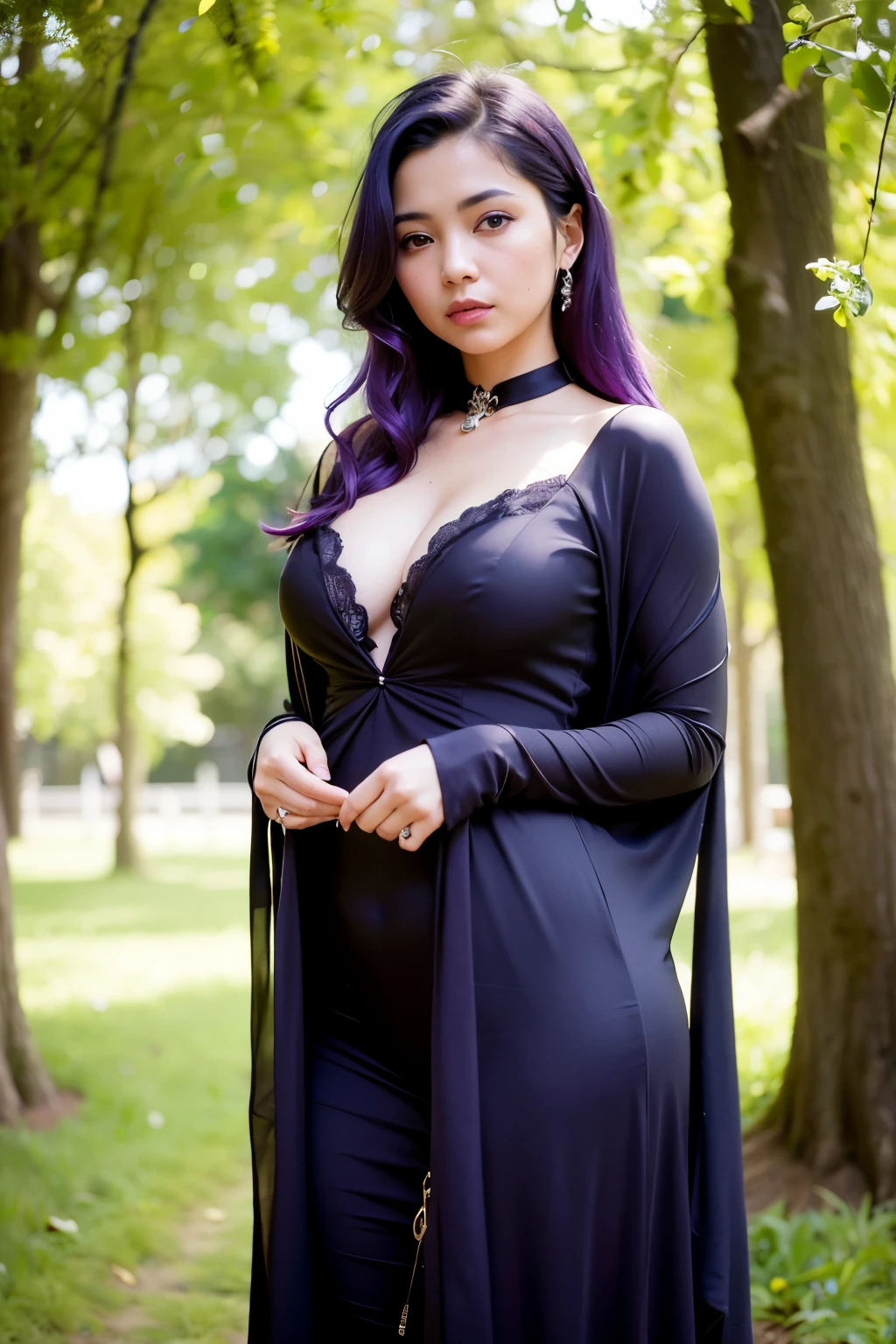 ((best quality)), ((masterpiece)), (detailed), perfect face, Envision a mesmerizing gothic woman with dark purple hair cascading down her shoulders, her eyes reflecting a sense of deep empathy. Her dark robe, adorned with symbols of compassion and healing, reflects her dedication to helping others. Use a serene, nature-inspired backdrop to enhance her gentle nature