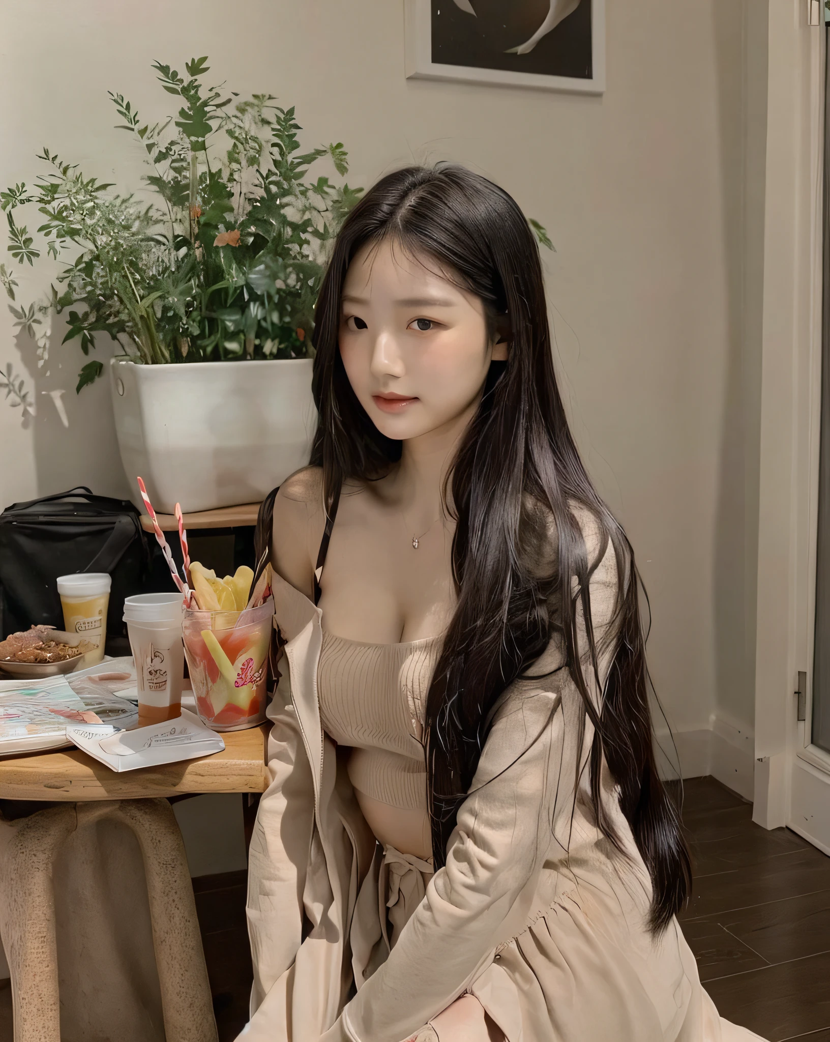 there  a woman sitting at a table with a plate of food, gorgeous young korean woman, beautiful south korean woman, korean girl, beautiful young korean woman, a young asian woman, jaeyeon nam, heonhwa choe, korean woman, young asian girl, an asian woman, beautiful asian girl, jinyoung shin, asian girl, taejune kim, young asian woman, xxmixgirl, 16 year-old girl, big breast, tan lines, deep photo, depth of field, Superia 400, shadows, messy hair, perfect face and body, dark, nighttime, dark photo, grainy, seductive smirk, cleavage, big boobies, FilmGirl, real breasts, big_boobies, skinny body, cutegirlmix, no underwear, sexy face, big_boobies, nude_shirt, Eimi, FilmGirl,