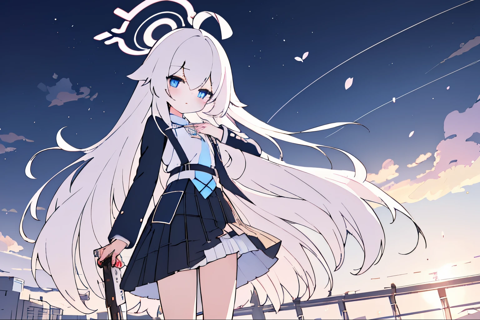 Young girl, long hair, flat chest, beautiful hair, white hair, ((straight hair)), ((super long hair)), blue and pink gradient eyes, white skin, high quality, white military uniform, high resolution, HD, dynamic, masterpiece, best quality, super detailed, illustration, beautifully detailed eyes, ((masterpiece)), ((best quality))), ((ultra-detailed)), (illustration), (detailed light), ((very delicate and beautiful)), (beautifully detailed eyes), (sunny), one girl, solo, beautifully detailed girl, (perfect anatomy), (correct limbs), top quality, extremely detailed masterpiece, (ultra-realistic illustration), staring viewer, solo Focus,hoshino \(blue archive\)