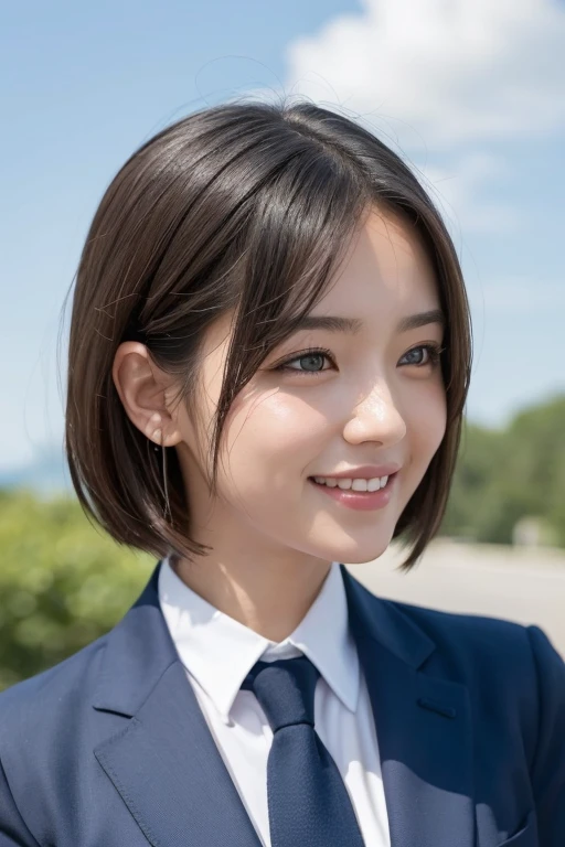 (in 8K, Best Quality, masutepiece:1.2), (Realistic, Photorealsitic:1.37), Ultra-detailed, 1 girl,Cute, Solo,Beautiful detailed sky,(nose blush),(Smile:1.15),(Closed mouth) ,small tits ,Beautiful detailed eyes, Eyes look diagonally up into the distance,profile,Short bob hair NovaFrogStyle, fullllbody, Dark blue tie,student clothes