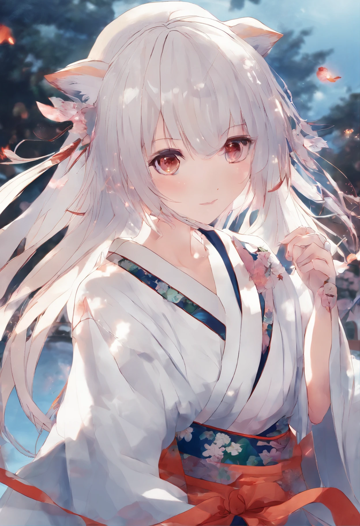 Best quality, highly detailed, masterpiece, ultra detailed, (reality: 1.2), 1 girl, (white background), background, delicate eyes, ), girl with orange hair and fox ear, red eye, wearing kimono japanese fighting scene, fighting demon, dinamic lighting, demon slayer, dinamic effect, cinematic light, anime screenshot