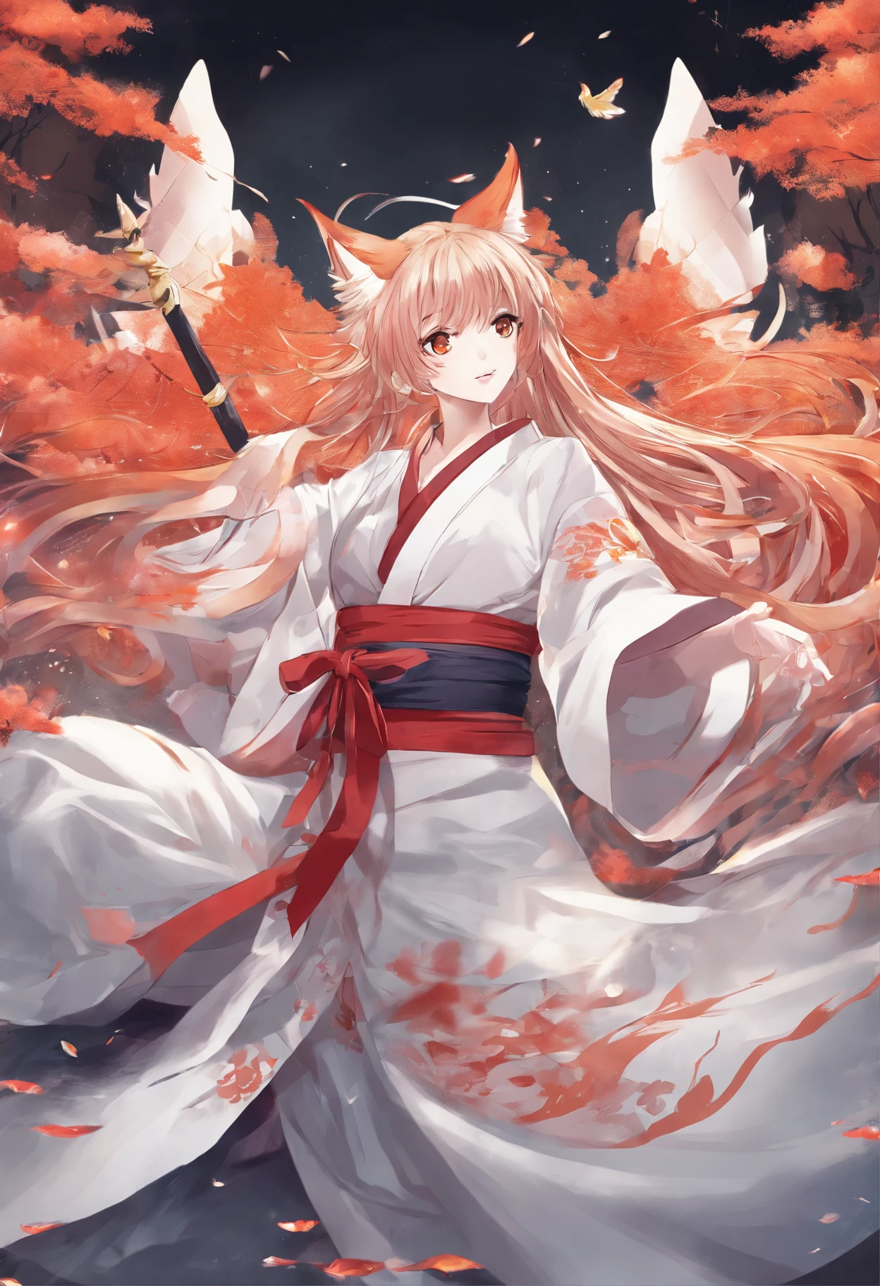 Best quality, highly detailed, masterpiece, ultra detailed, (reality: 1.2), 1 girl, (white background), background, delicate eyes, ), girl with orange hair and fox ear, red eye, wearing kimono japanese fighting scene, fighting demon, dinamic lighting, demon slayer, dinamic effect, cinematic light, anime screenshot