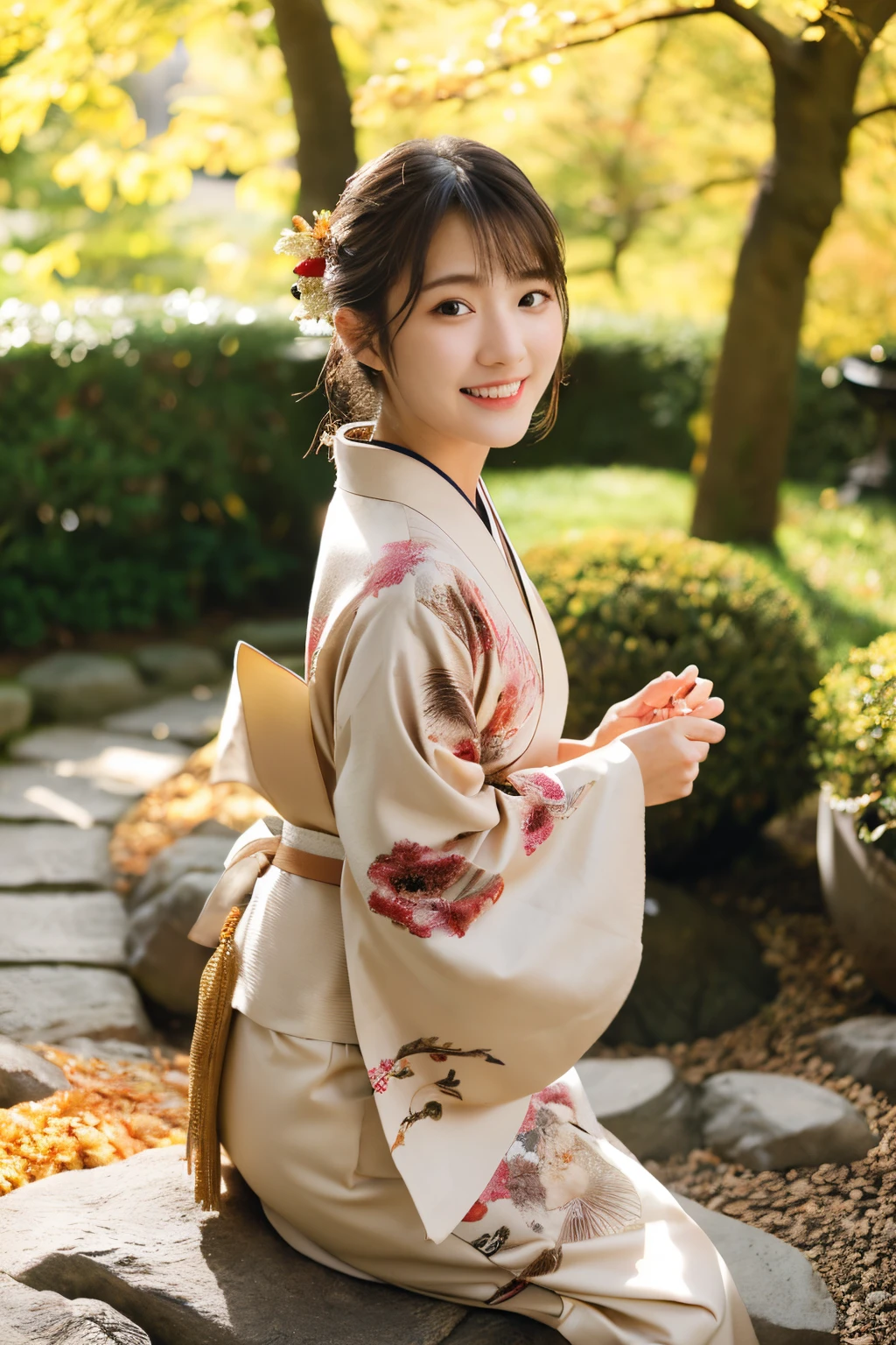 (Realistic:1.3), Rembrandt lighting, (masutepiece:1.2), (Photorealistic:1.2), (Best Quality), (Detailed skin:1.3), (Intricate details), Ray tracing,1girl in, japanaese girl, 21 years old, Detailed skin texture, (blush:0.5), Subsurface scattering, Smiling, updo hair, Bangs, hair between eye, Hair ornaments, Kimono, with floral pattern, wearing edgJF_Kimono, Seiza (bright sunny day, Autumn setting, Autumn trees々and leaves, (a Zen garden:1.2)