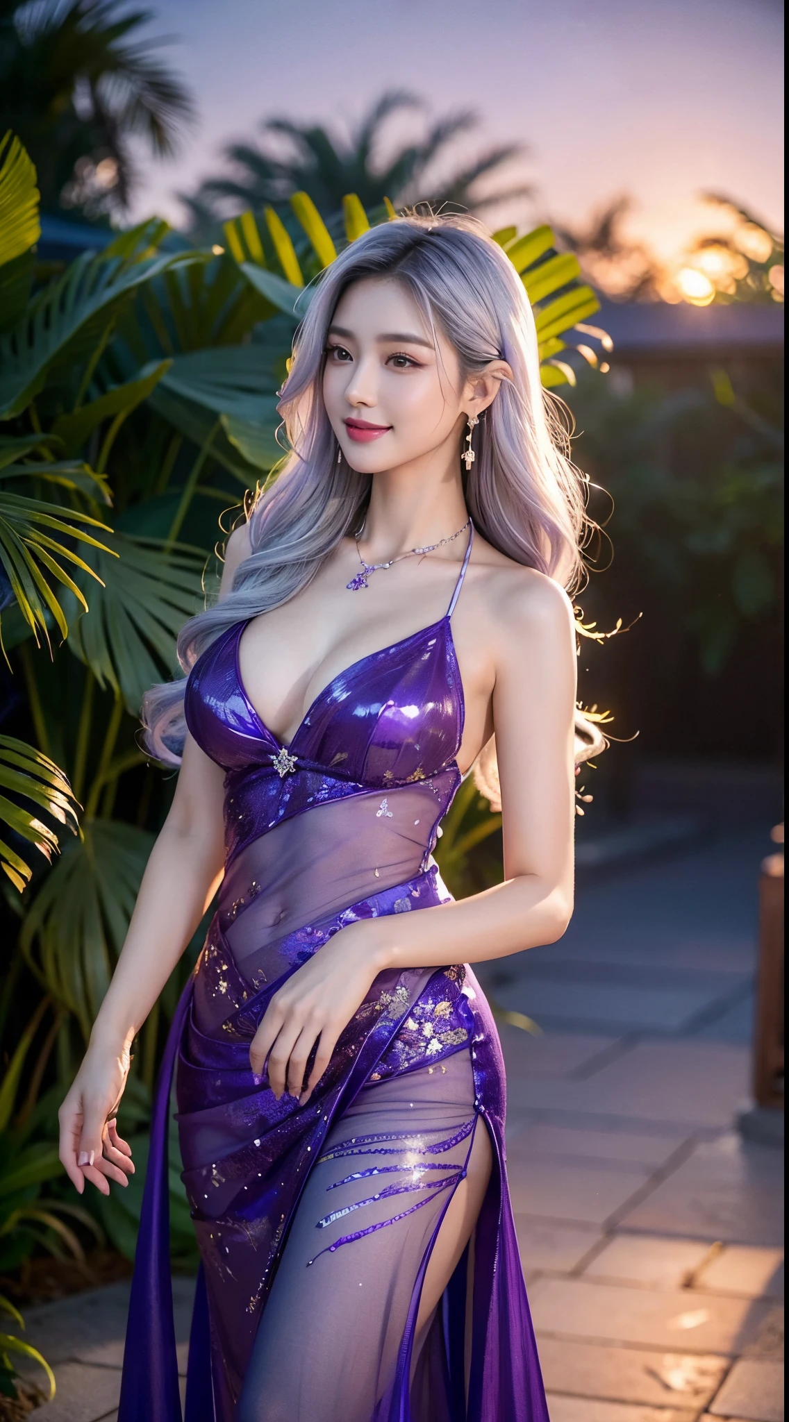 early evening,the sunset,Gorgeous violet flower princess dress,Supermodel figure,,,8K,beautiful make up,hyper HD,Cinematic quality,Best quality at best,Highly detailed facial details,Beautiful and sexy Chinese supermodel,,are standing,Bigger chin,Longer chin, sexually attractive,Go straight,Blooming Natioles flower,,Violet Garden,Big garden,Blooming violet flower with many fireflies,,Vibrant smile,Luxury Earrings Gorgeous Necklace,Bigchest,profesional lighting,Tall figure,Slightly toned body,,with whole body visible,Colorful body painting,body violet,silvery white hair,,,flowing wavy hairstyle,mid - length hair,happy laugh