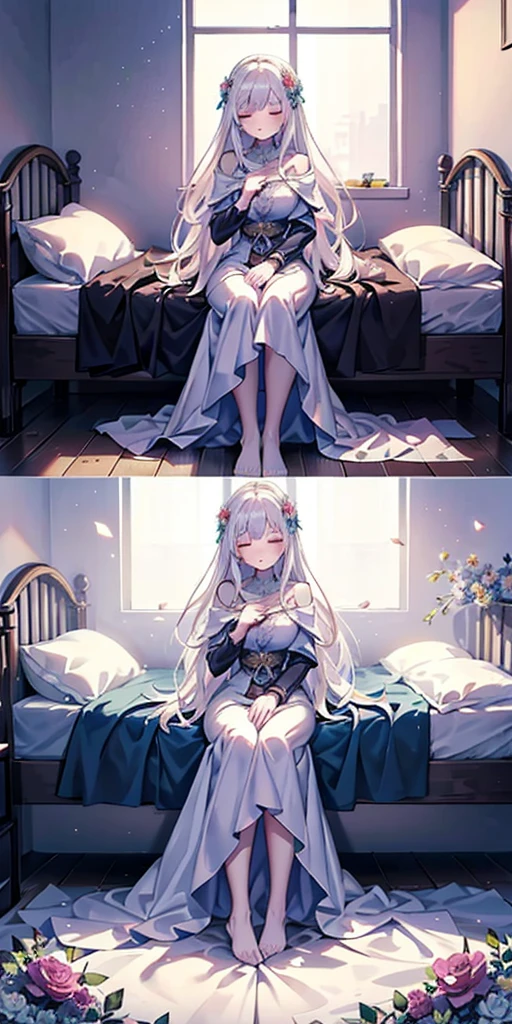 full body sleeping woman on bed, ((best quality, masterpiece)), 1girl, princess pink dress, flowers, white messy hair, indoor, bed background,fantasy, medieval inn, bedroom background