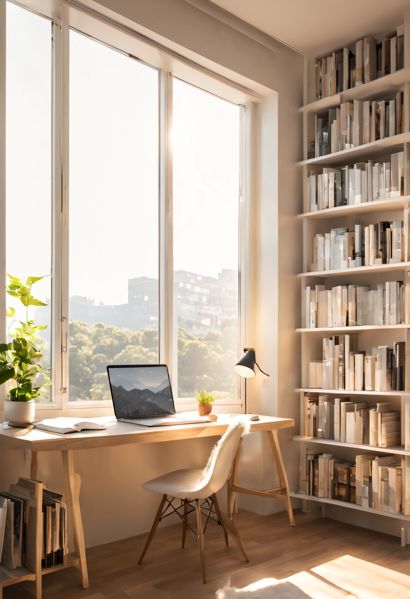 beautiful sunlight falling inside the room from window and lighting the room, room has a shelf of books, computer desktop, aesthetic scenary