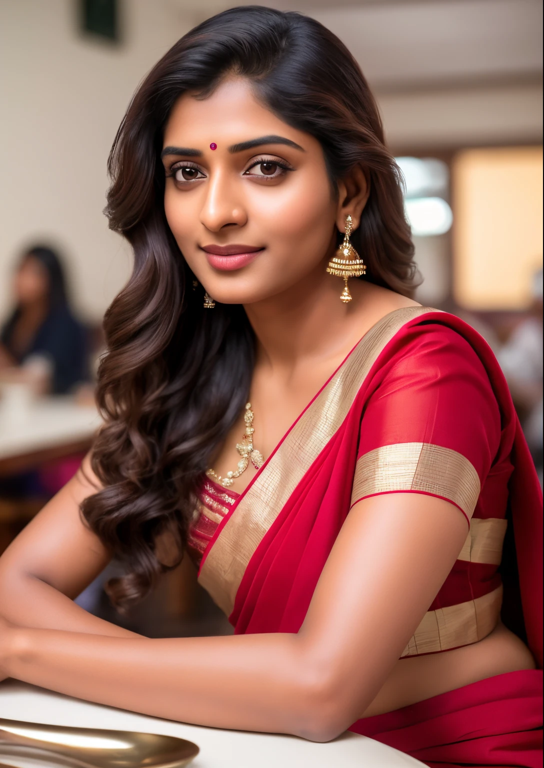 ((nsfw)), 8k, RAW photo, best quality, ultra high res, photorealistic, realistic photo of a Indian girl wearing a saree, sitting in a diner, beautiful, detailed face, detailed, highres, realistic, photorealistic, full body, head to toe, legs, matte skin, pores, wrinkletremely detailed CG unity 8k wallpaper), photo of the most beautiful artwork in the world, professional majestic (photography by Steve McCurry), 8k uhd, dslr, soft lighting, high quality, film grain, Fujifilm XT3 sharp focus, f 5.6, High Detail, Sharp focus, dramatic, (looking at viewer:1.2), (natural light)