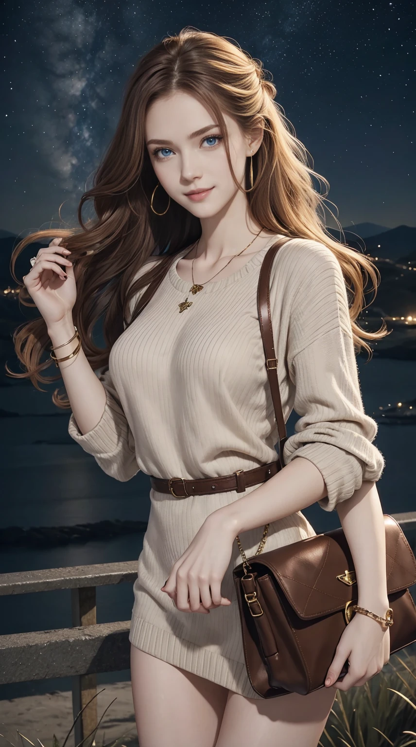 25-year-old Caucasian woman、hair color is reddish、blue eyess、Semi-long、setting hair、Hair is up、My hair is wavy、Slender but thin macho、accessories on the wrist、wearing a chain necklace、Beautiful breasts、a smile、Wearing a sweater dress、Holding a handbag in his hand、Landscape from a hill where you can see street lights at night、I need space above my head、The meteor is beautiful、a smile
