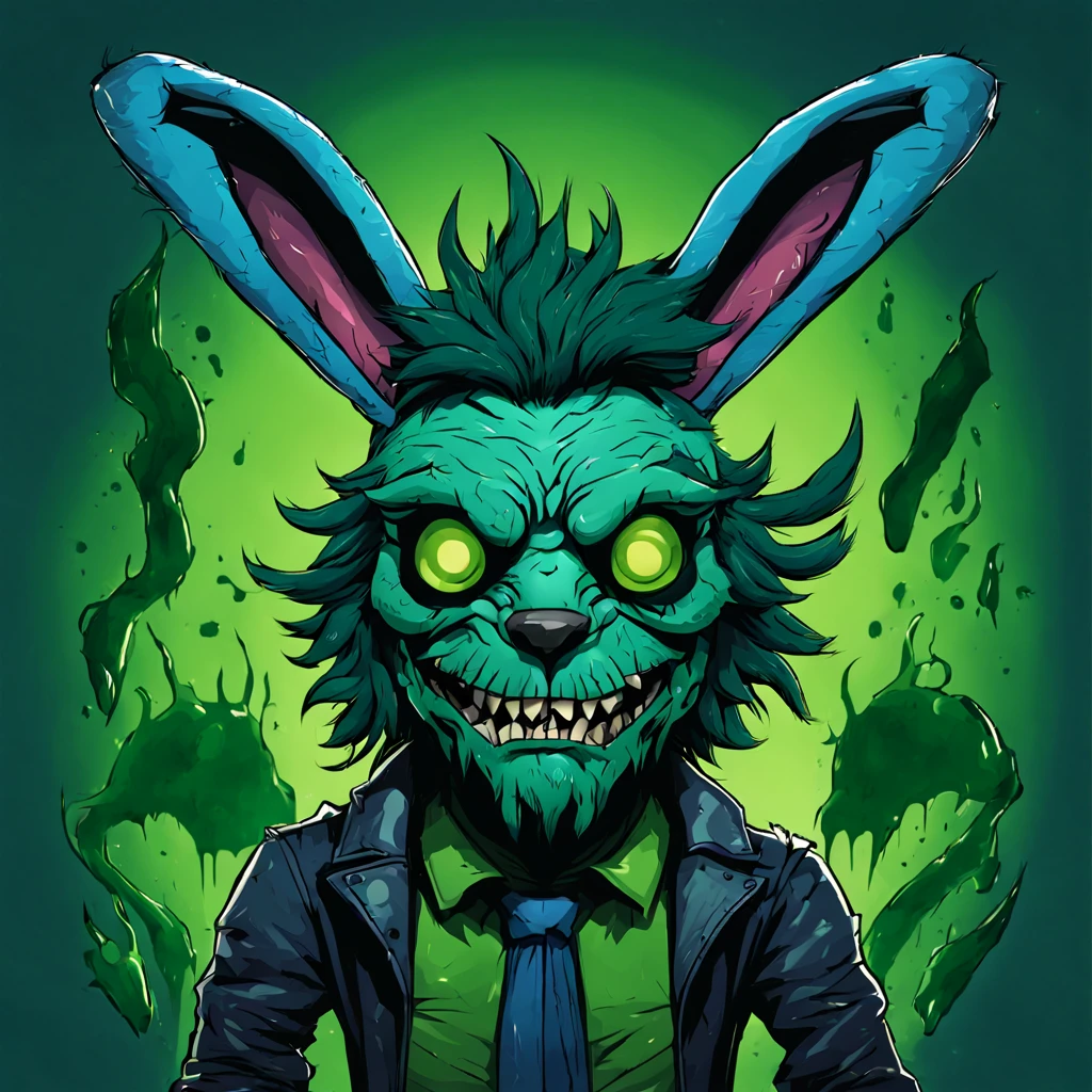Adonai  Male dressed in a bunny costume with bunny ears a huge mutated radioactive monster with green skin and a mane of wild dark green hair and fangs and claws and dressed in blue-black leather costume, in cartoon thriller art style