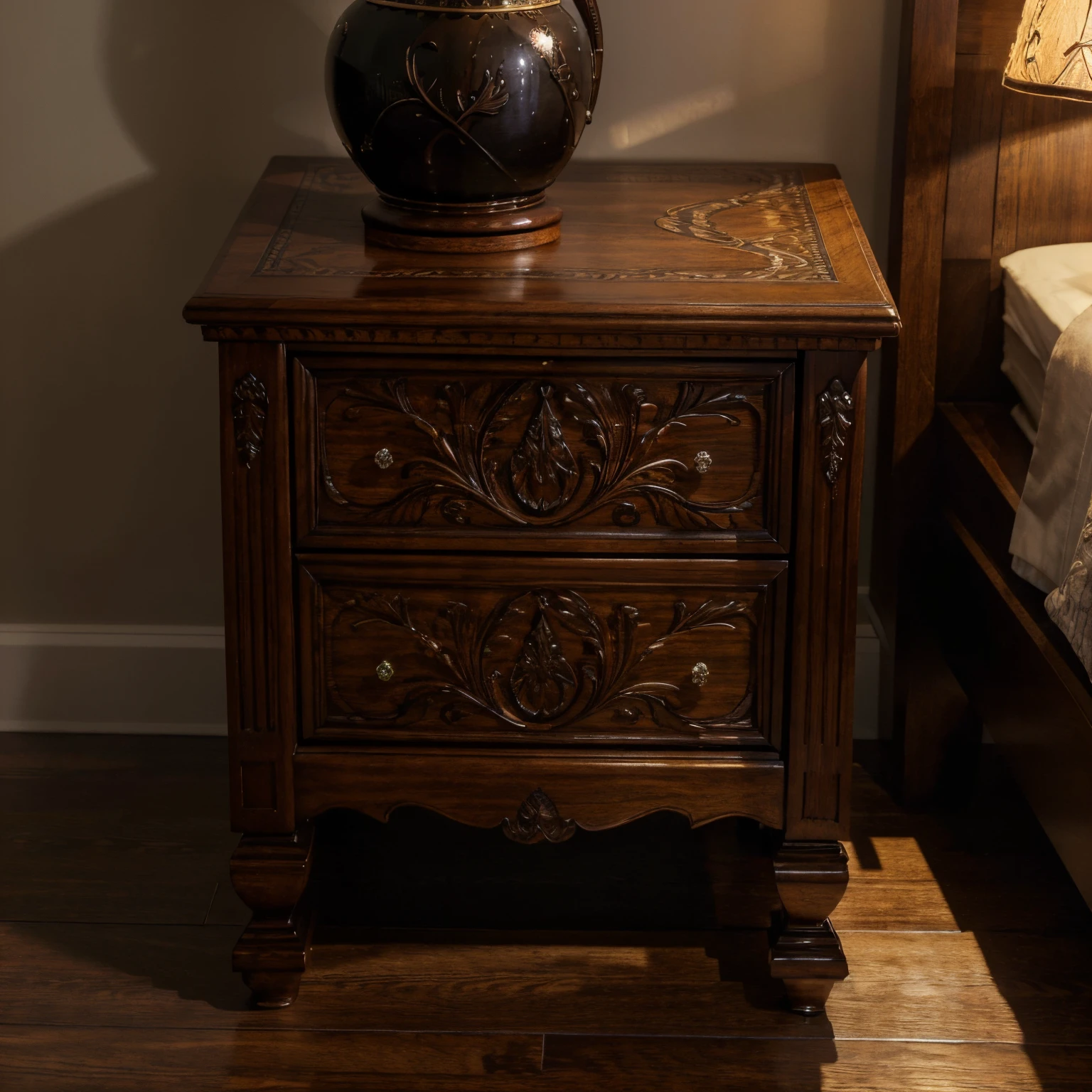 (best quality,4k,highres,masterpiece:1.2),ultra-detailed,(realistic,photorealistic:1.37),nightstand with a sign on top with the word "meaningful" written on it,wooden structure with intricate carvings,on the sign, the word "meaningful" is beautifully written in a cursive style,dark wooden texture with a glossy finish,beautifully crafted details on the nightstand,including delicate patterns and ornate handles,reflections and shadows add depth to the image,nicely lit with warm, ambient lighting,vivid colors and rich tones enhance the overall atmosphere,surrounded by a cozy, softly lit room,creating a sense of warmth and tranquility.
