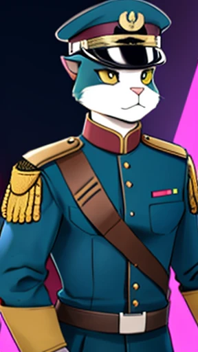 a cat standing,Commander rank,Wearing a commander's hat,Wearing commander's clothes,The expression is serious,clean backdrop。