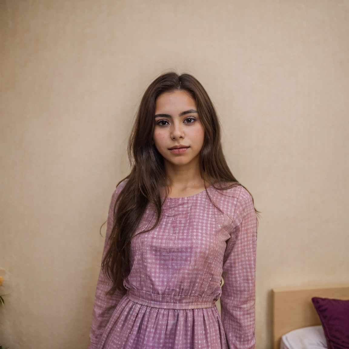 close up shot of a young brunette mexican woman with long hair, in a colorful checkerboard dress with vivid colors, in the style of photo taken with nikon d750, stylish, elegant look, vivid colors, standing in front of bedroom wall, with the cream wall behind he