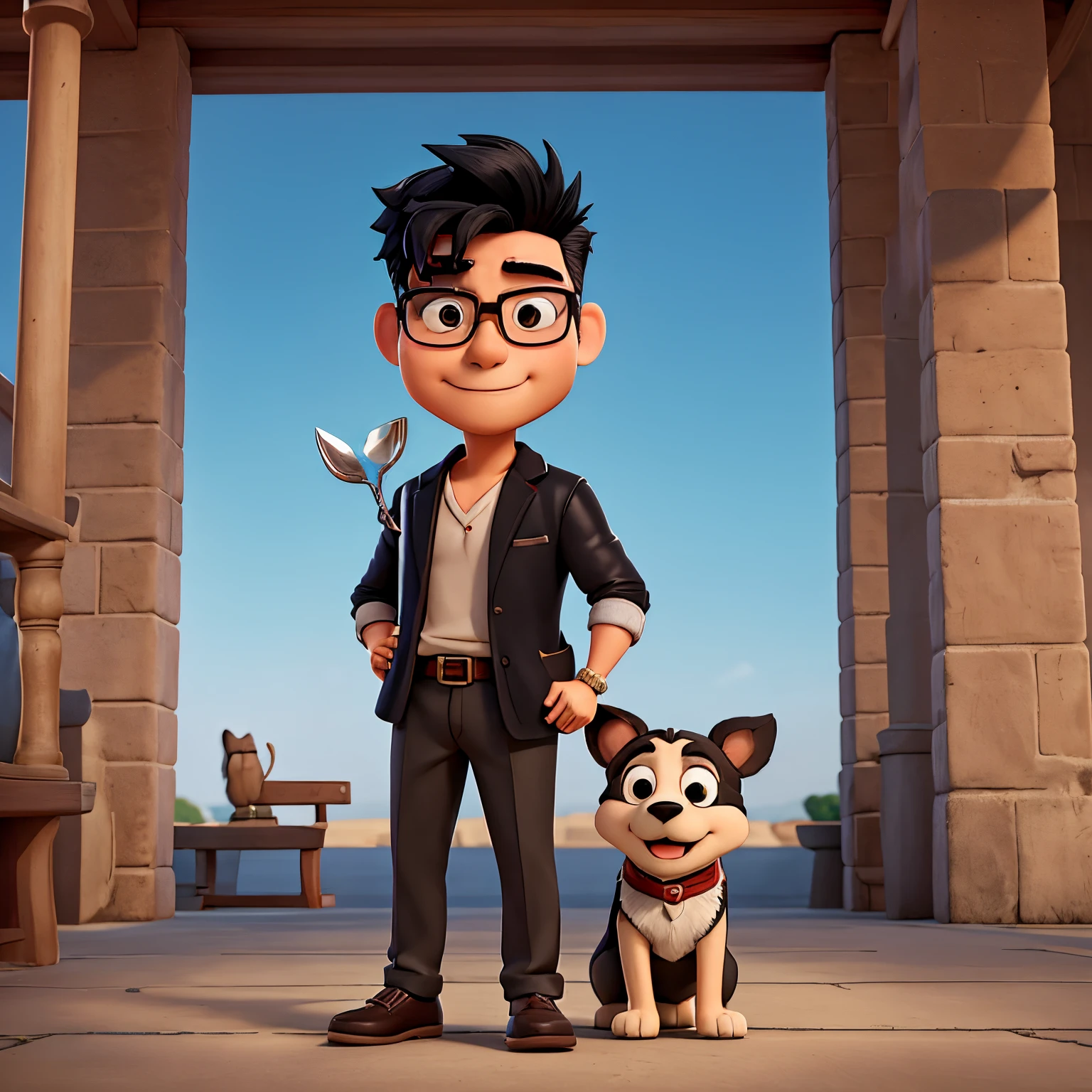 make an image of an Asian man with glasses in a Disney art style. He is holding a dog in one hand, and a fork in the other. and he has black straight hair. It is like a poster image with “Maxwell wang” written at the top with a bold font. He also is slightly overweight