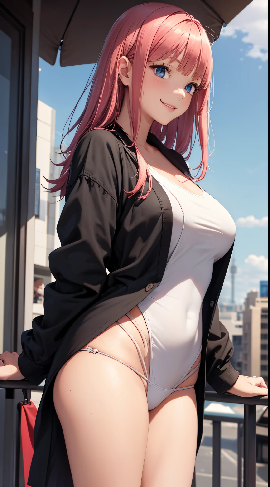 Nino Nakano sonriendo,sexy,traje de abogada, juicio