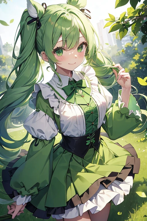 cute green magical girl，poneyTail，pale green hair，Green heart ribbon on the chest，green heart-shaped stick，kirakira，Flying in the sky，(Fluffy skirt:1.2)，Leaves flutter，a smile