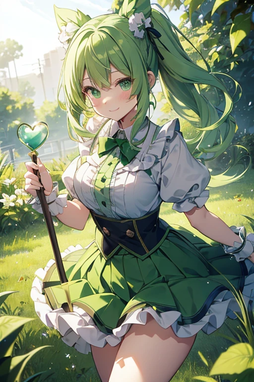 cute green magical girl,poneyTail,pale green hair,Green heart ribbon on the chest,green heart-shaped stick,kirakira,Flying in the sky,(Fluffy skirt:1.2),Leaves flutter,a smile