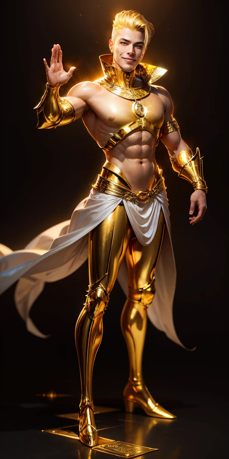 Gold man, confident, posing for pictures, smiling, pure gold, gold skin, gold hair, dark background, camera flashes, waving, fullbody