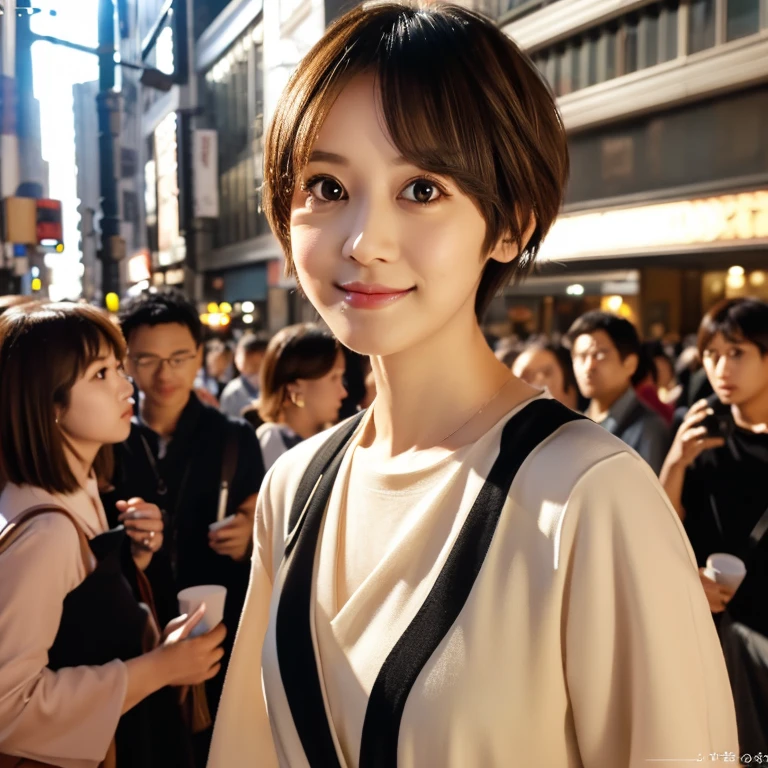 ((masutepiece:1.4, Best Quality)), ((masutepiece, Best Quality)), (photographrealistic:1.4)Professional Lighting, Physically-based rendering,Very cute, Big eyes, extremely detailed eye and face, Eyes with beautiful details,slender, thin legs,Japanese ido (Japanese actressl),Short hair,Large crowds, Crowded city,