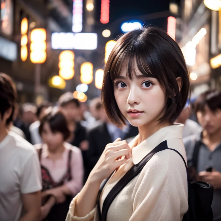 ((masterpiece:1.4, best quality)), ((masterpiece, best quality)), (photo realistic:1.4)professional lighting, physically-based rendering,very cute, big eyes, extremely detailed eyes and face, eyes with beautiful details,slender, thin legs,Japanese idle (Japanese actress),short hair,crowd, crowded city,