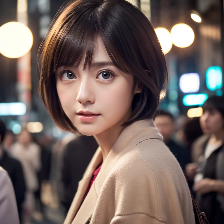 ((masterpiece:1.4, best quality)), ((masterpiece, best quality)),  (photo realistic:1.4)professional lighting, physically-based rendering,very cute, big eyes, extremely detailed eyes and face, eyes with beautiful details,slender, thin legs,Japanese idle (Japanese actress),short hair,crowd, crowded city,