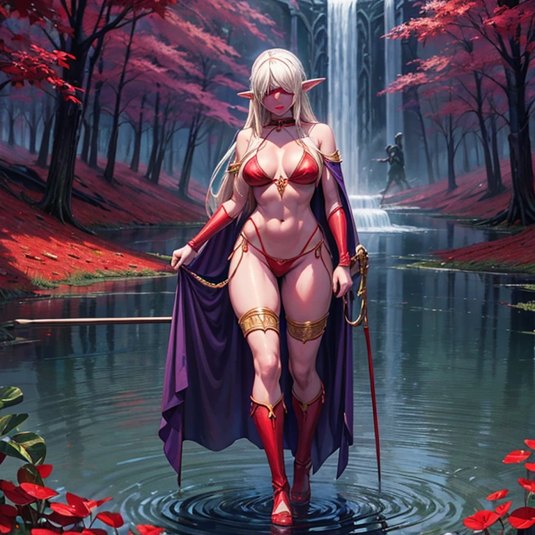 Full body, masterpiece, female drow elf purple skin standing pose, red cape, red bikini, long blonde hair, strong body, high heels, swamp background, water surface, daylight, trees, slave female with choker, blindfolded, shackles on legs and arms