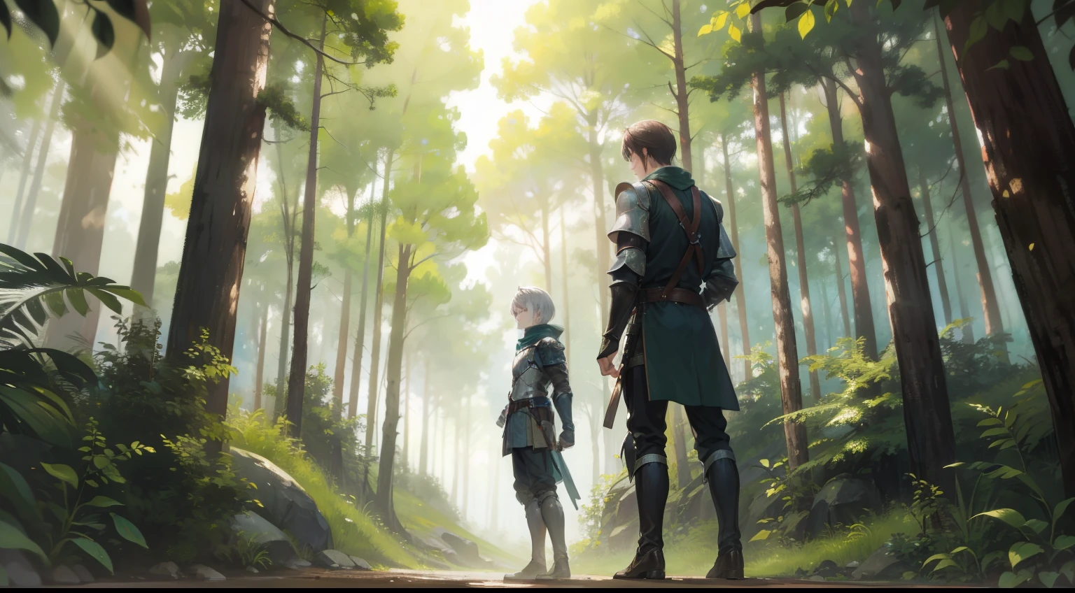 two men in the forest, One is a short brown-haired adventurer., And the other one is a silver-haired short-haired knight.. High resolution.