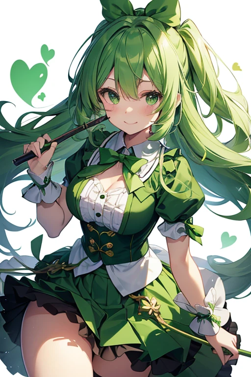 cute green magical girl,green colored hair,Green heart ribbon on the chest,green heart-shaped stick,kirakira,flying though the air:1.2,(Fluffy skirt:1.2),Leaves are dancing,A smile,green heart cane
