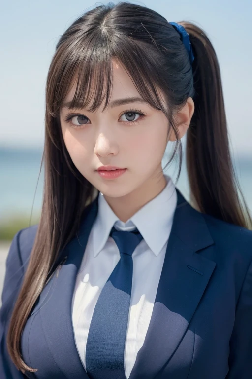 (in 8K, Best Quality, masutepiece:1.2), (Realistic, Photorealsitic:1.37), Ultra-detailed, 1 girl,Cute, Solo,Beautiful detailed sky,(nose blush),(Closed and shy mouth) Big breasts,Beautiful detailed eyes, Medium twintail hair NovaFrogStyle, navy blue scrunchie,fullllbody, navy blue tie uniform